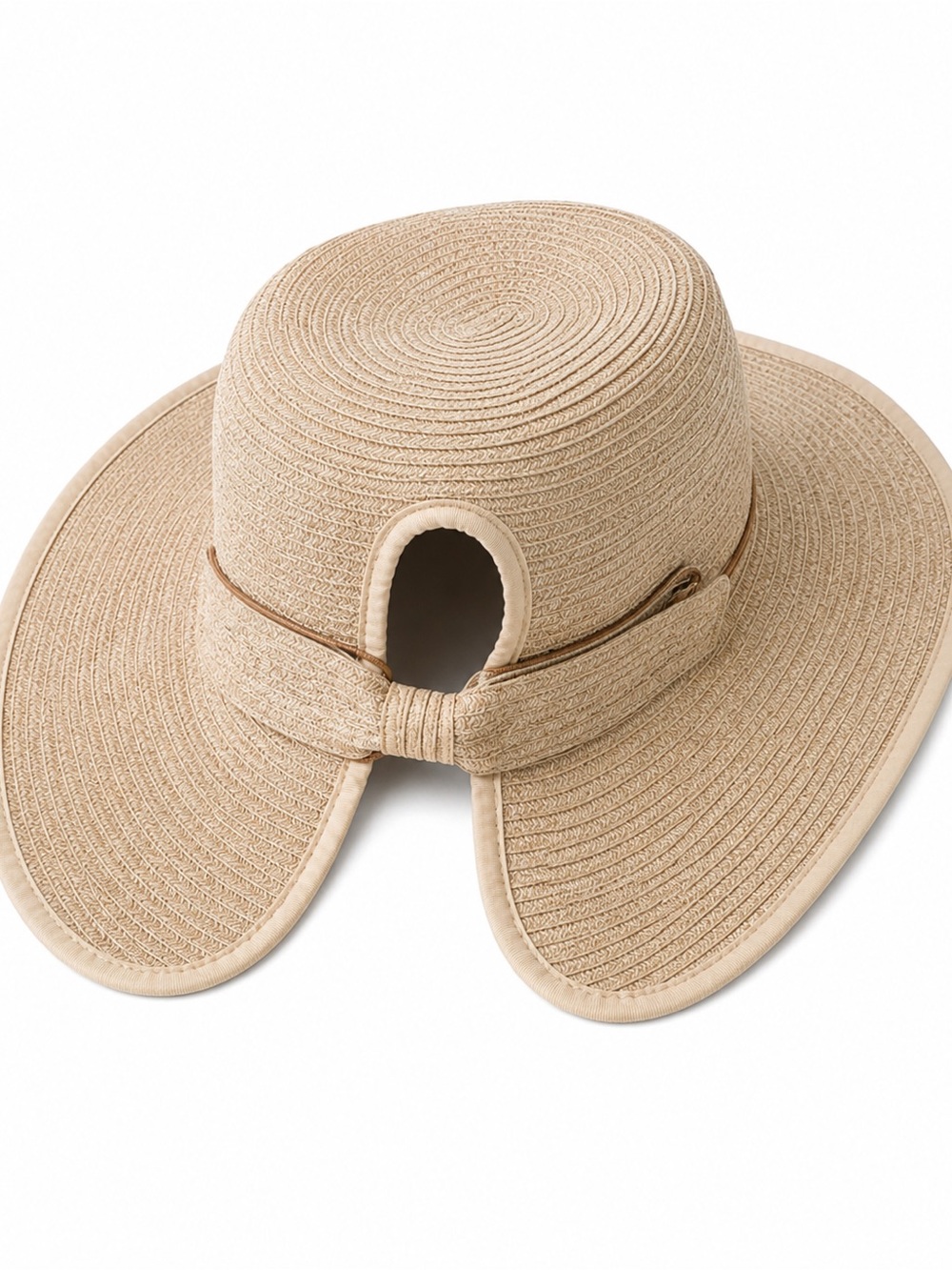 Straw Sun Hat with Back Hair Slot - Beige